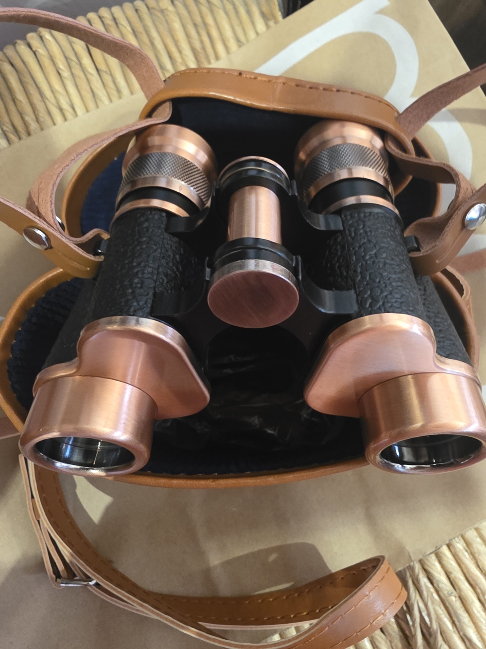 Vintage-Style Copper Binoculars with Brown Case